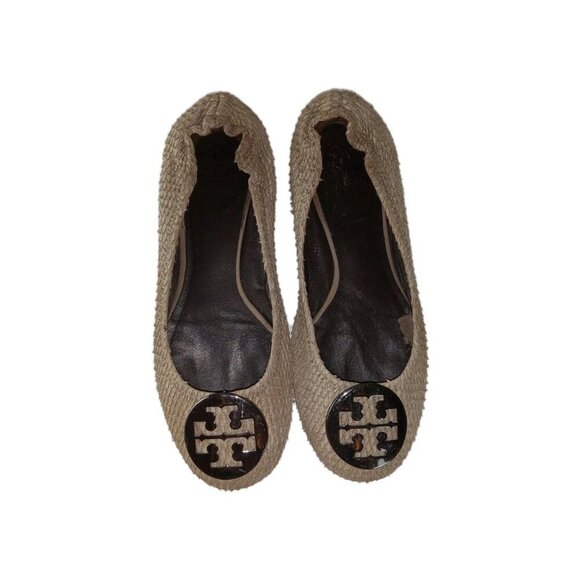 Tory Burch Women's Size 7 Reva Flats Python Print Brown Cream Shoes - Picture 2 of 11